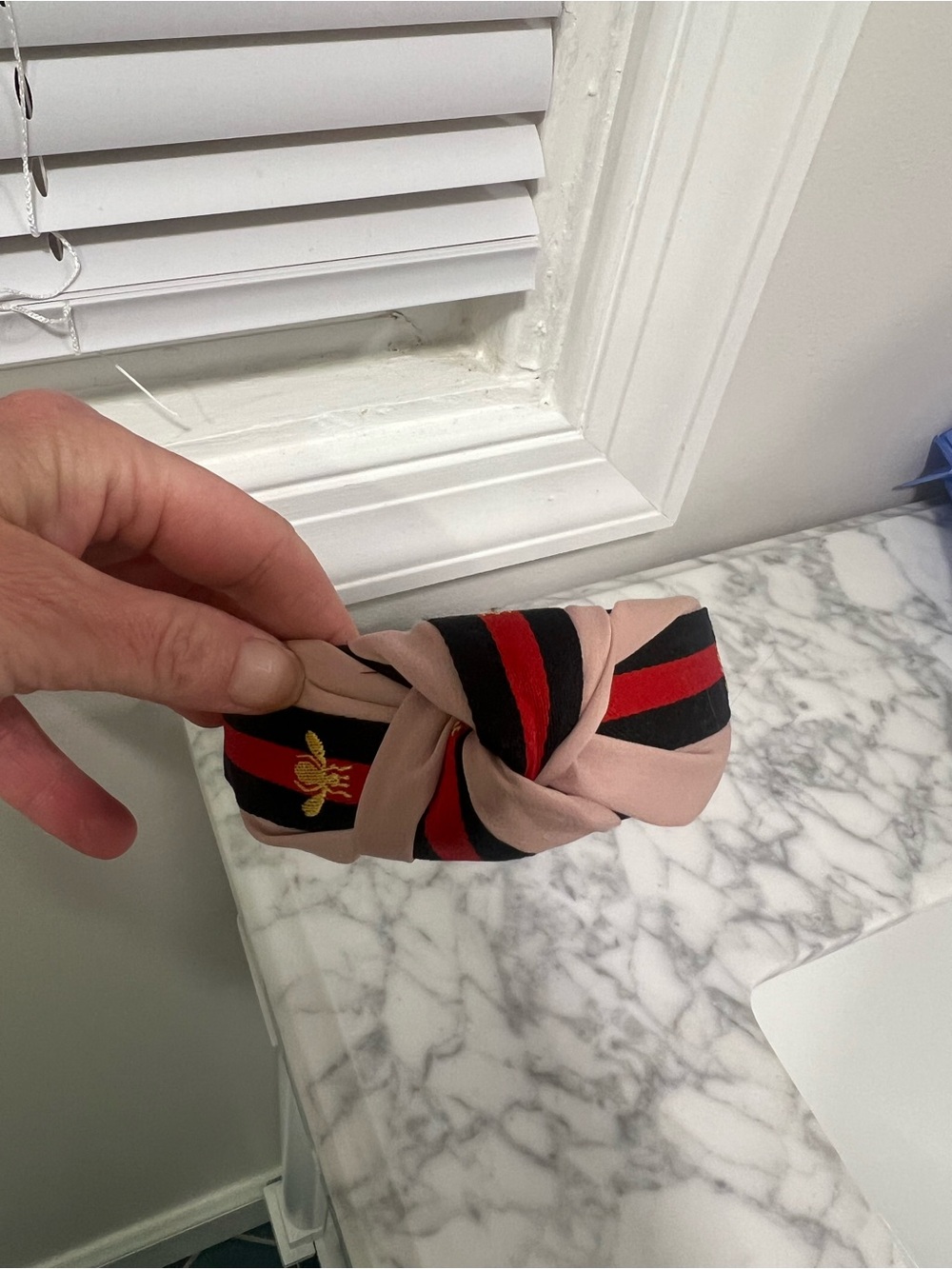 Striped Knot Headband in Black, Red & Blush with bee detail
